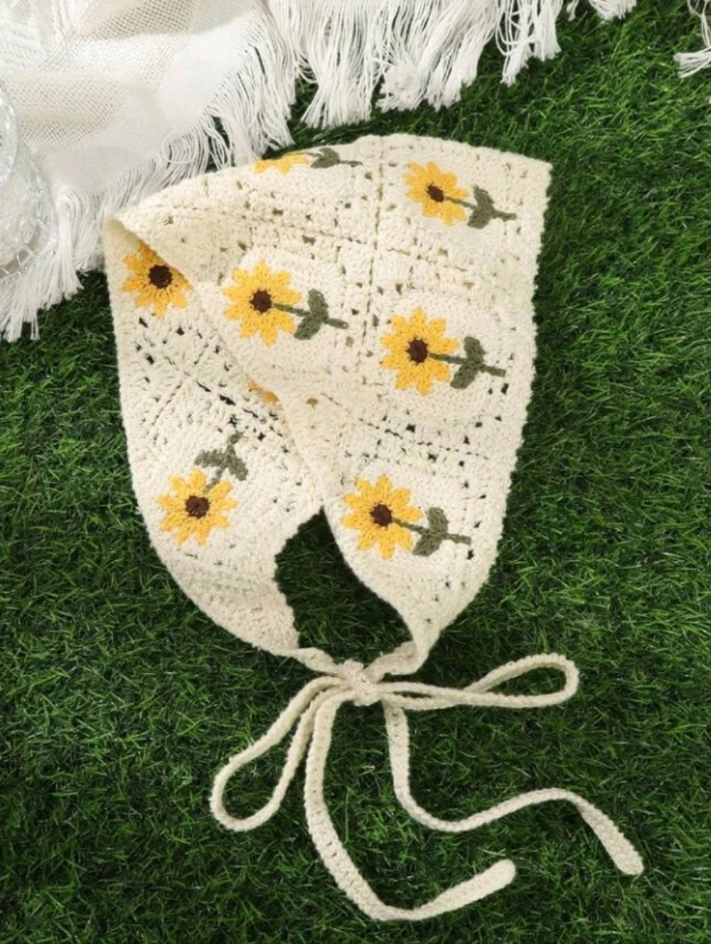 Crochet Cream Yellow Sunflower Bandana Hair Scarf Boho Summer Cottagecore
